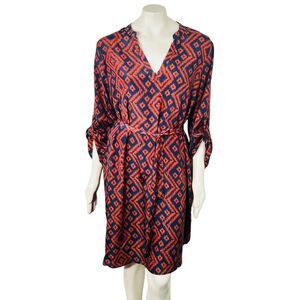 Almost Famous Womens Dress Blue Orange V Neck Tie Waist Lightweight Career 1X‎